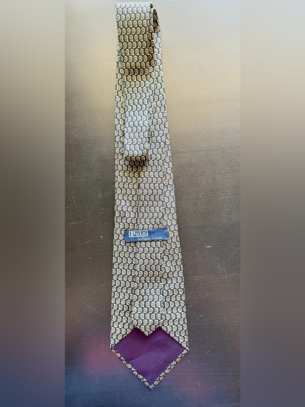 Ralph Lauren Navy Tie with Yellow Paisley Motif Handmade/ 100% silk